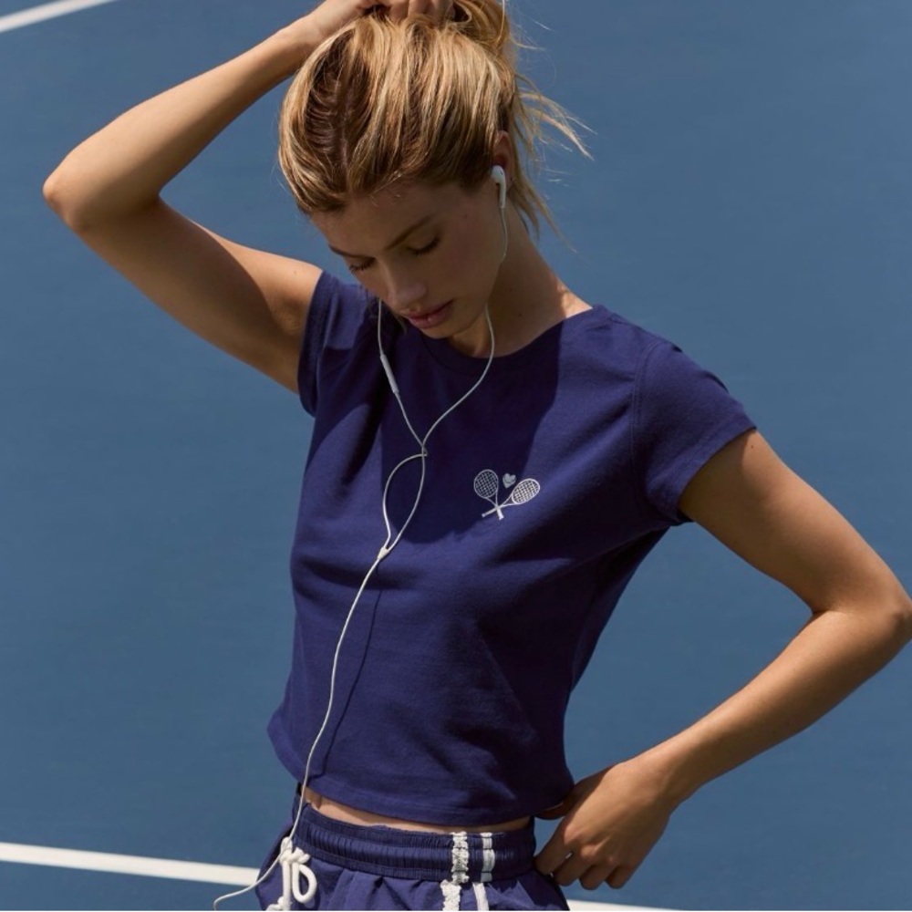 Anthropologie Navy Crop Top with Tennis Graphic